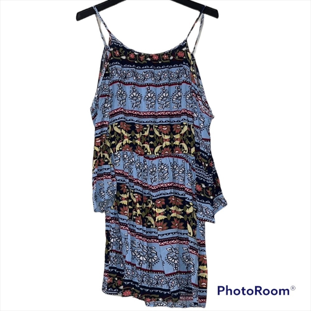 Sucrefas small dress womens blue floral stripe open shoulder blouson